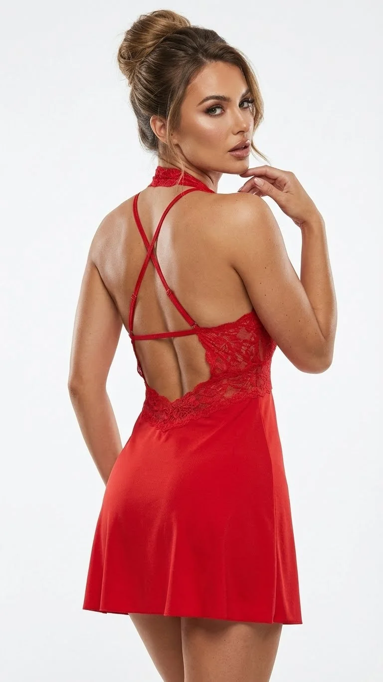 LunaIntim Kırmızı Viskon Babydoll Boyundan Bağlamalı Dantel Gecelik - Son Görünüm